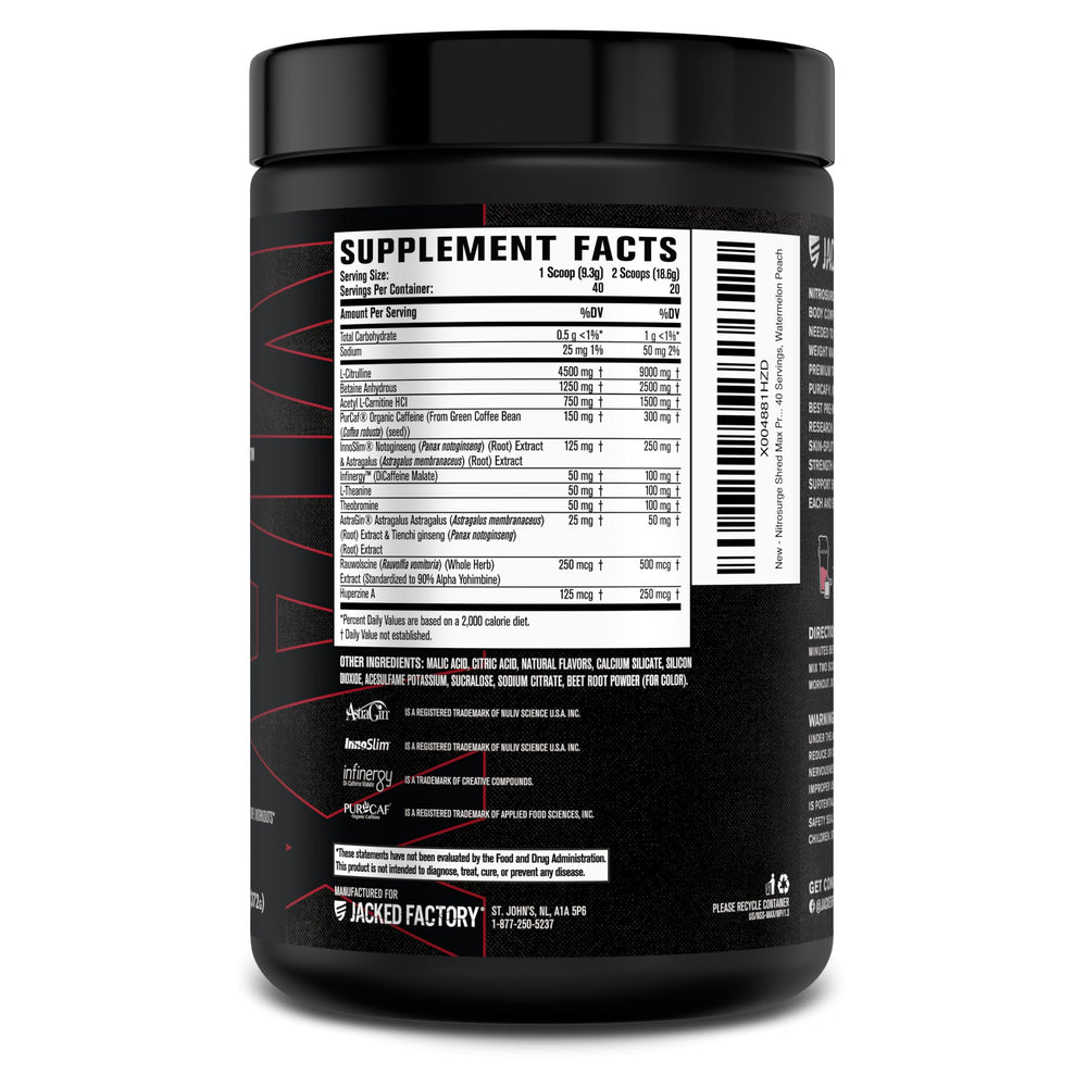 Jacked Factory Nitrosurge Shred Max on weights bench implies performance-focused preworkout.