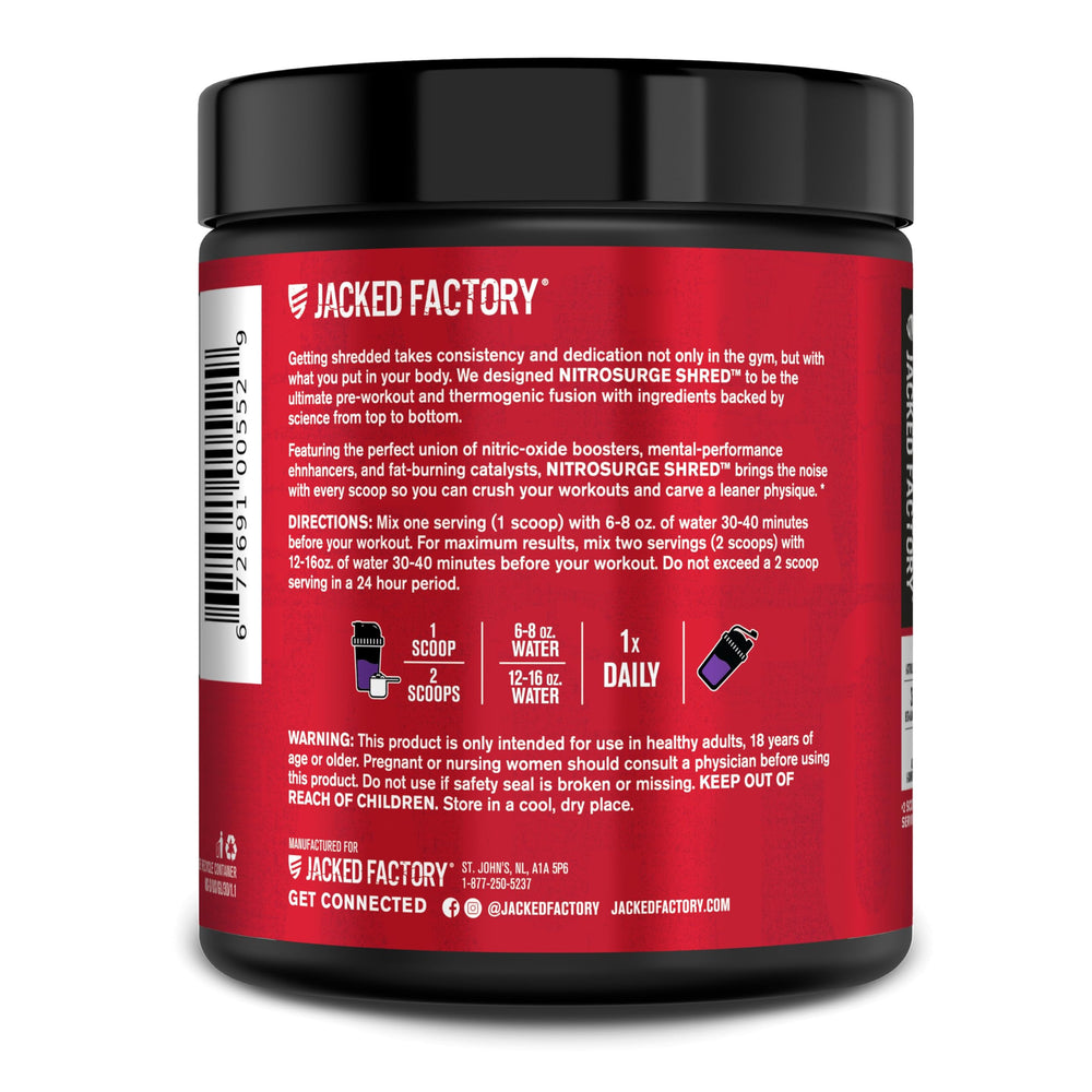 Product shelf showing no artificial dyes and quality standards for Nitrosurge Shred.