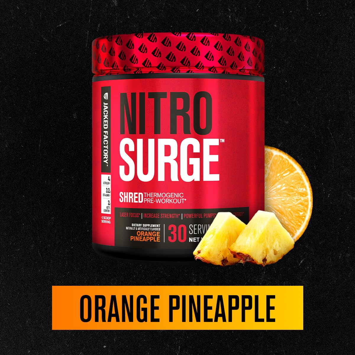 Orange Pineapple flavored Nitrosurge Shred powder visible in the tub.