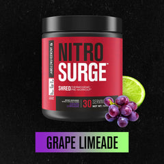 Jacked Factory Nitrosurge Shred scoop beside bottle for quick pre-workout dosing.