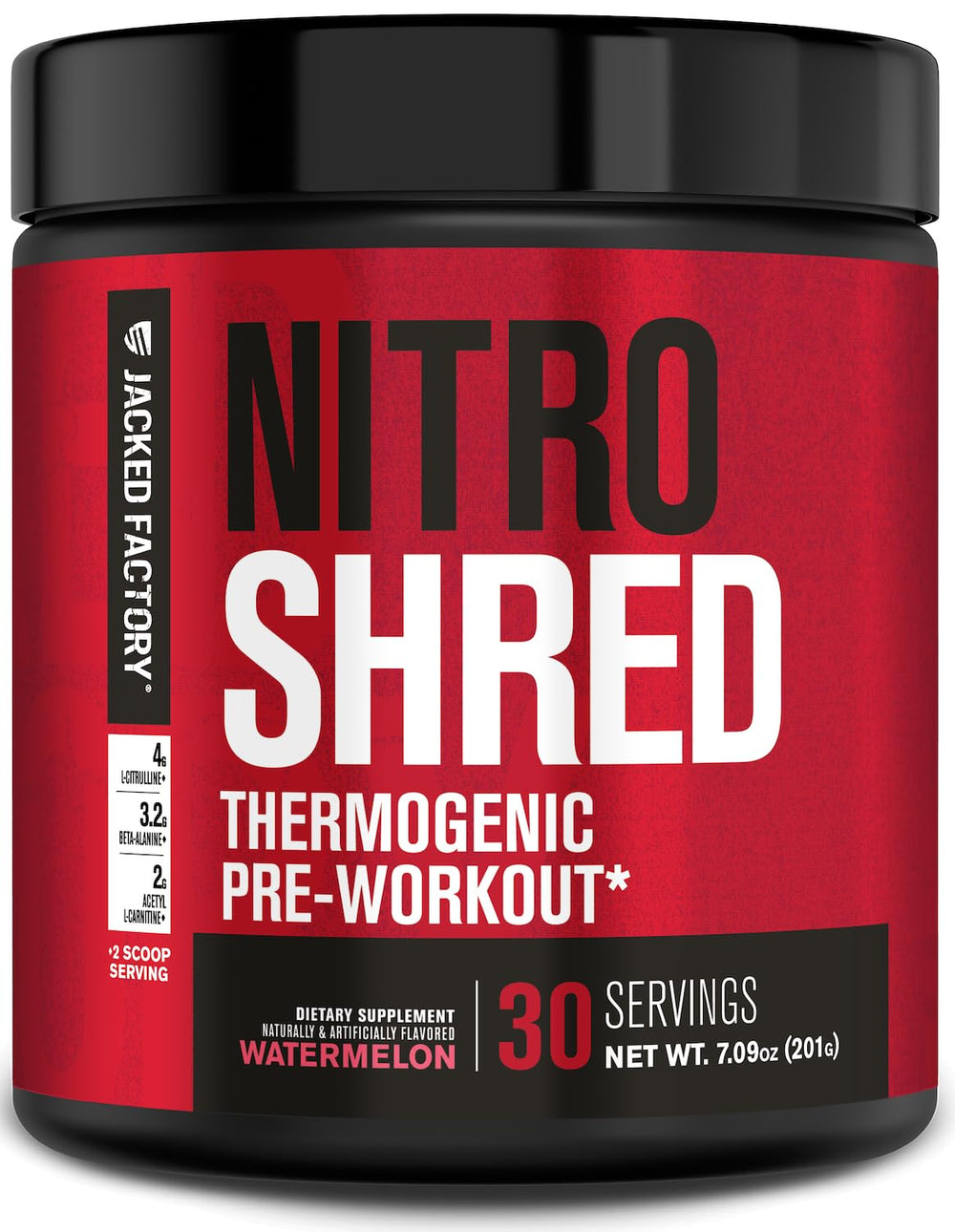 Jacked Factory Nitrosurge Shred Watermelon bottle front energizing workouts with lean performance