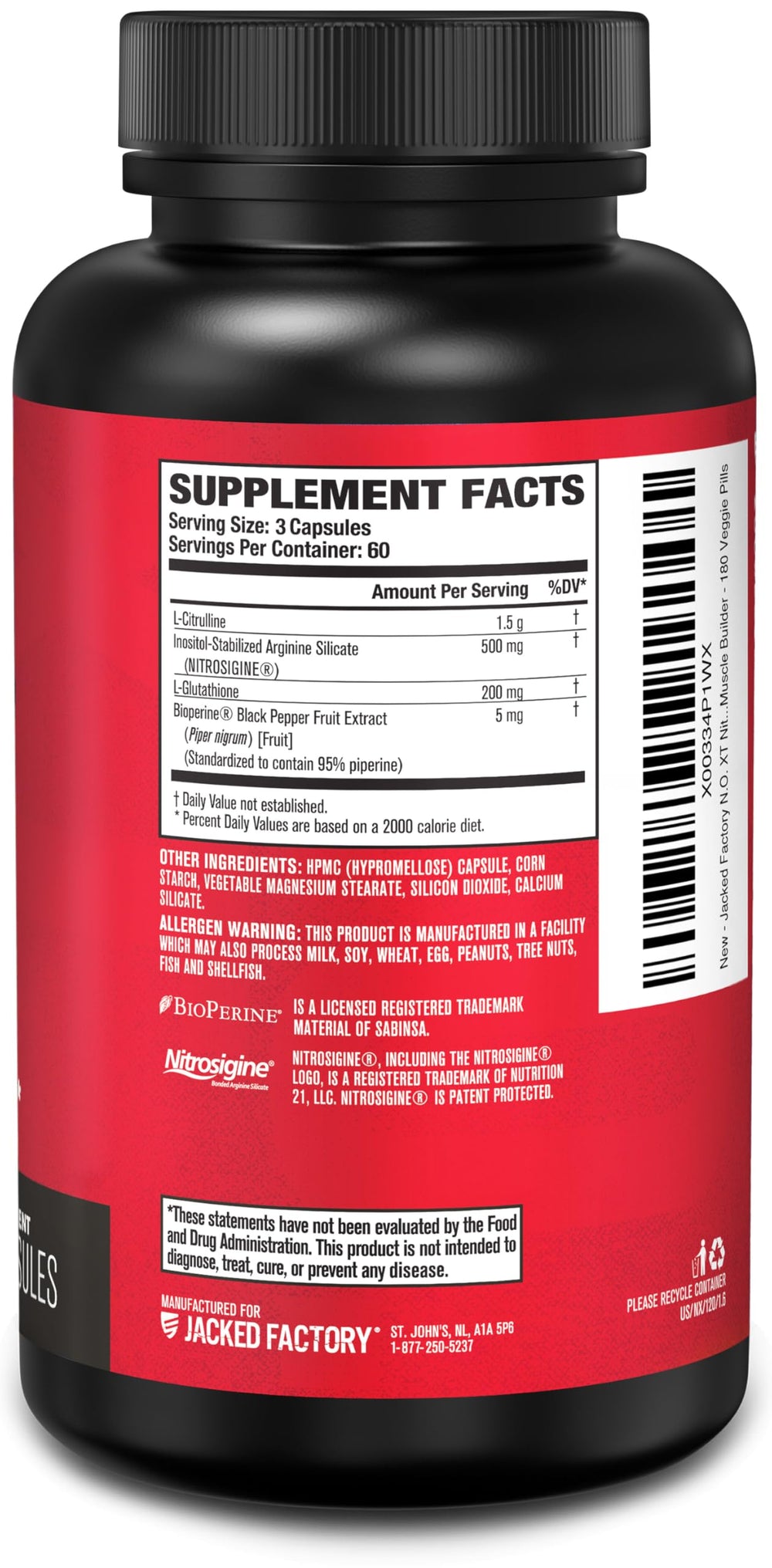 Jacked Factory N.O. XT inner label highlights Nitrosigine and L-Citrulline for vascular support.