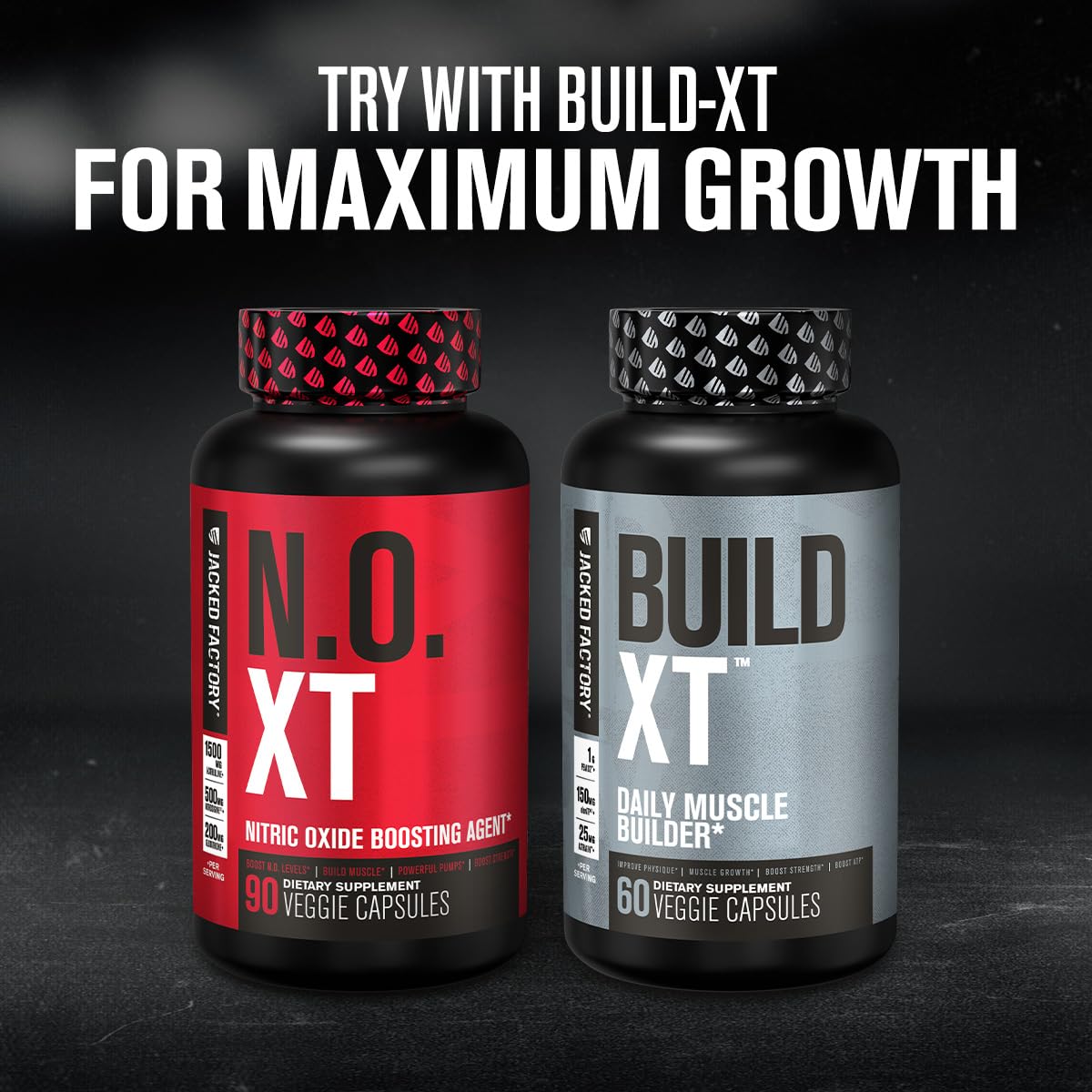 Jacked Factory N.O. XT bottle with measurement guide suggests accurate dosing for workouts.
