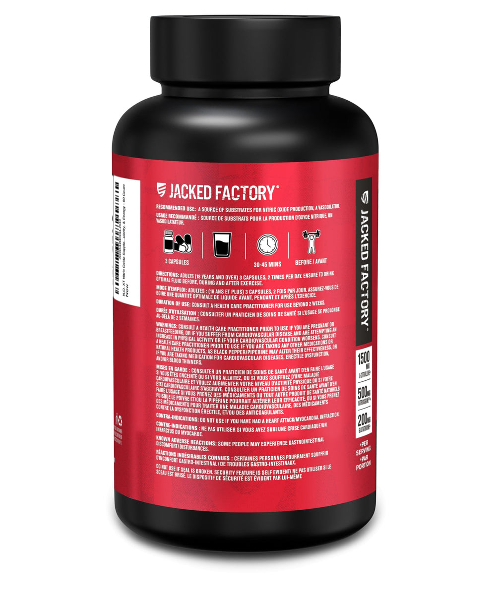 Jacked Factory N.O. XT label closeup emphasizes premium ingredients and clean energy potential.