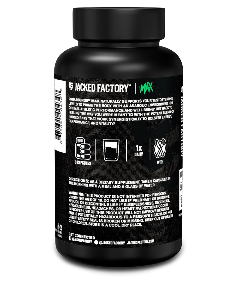 Jacked Factory Primasurge Max 90-count bottle on a shelf.