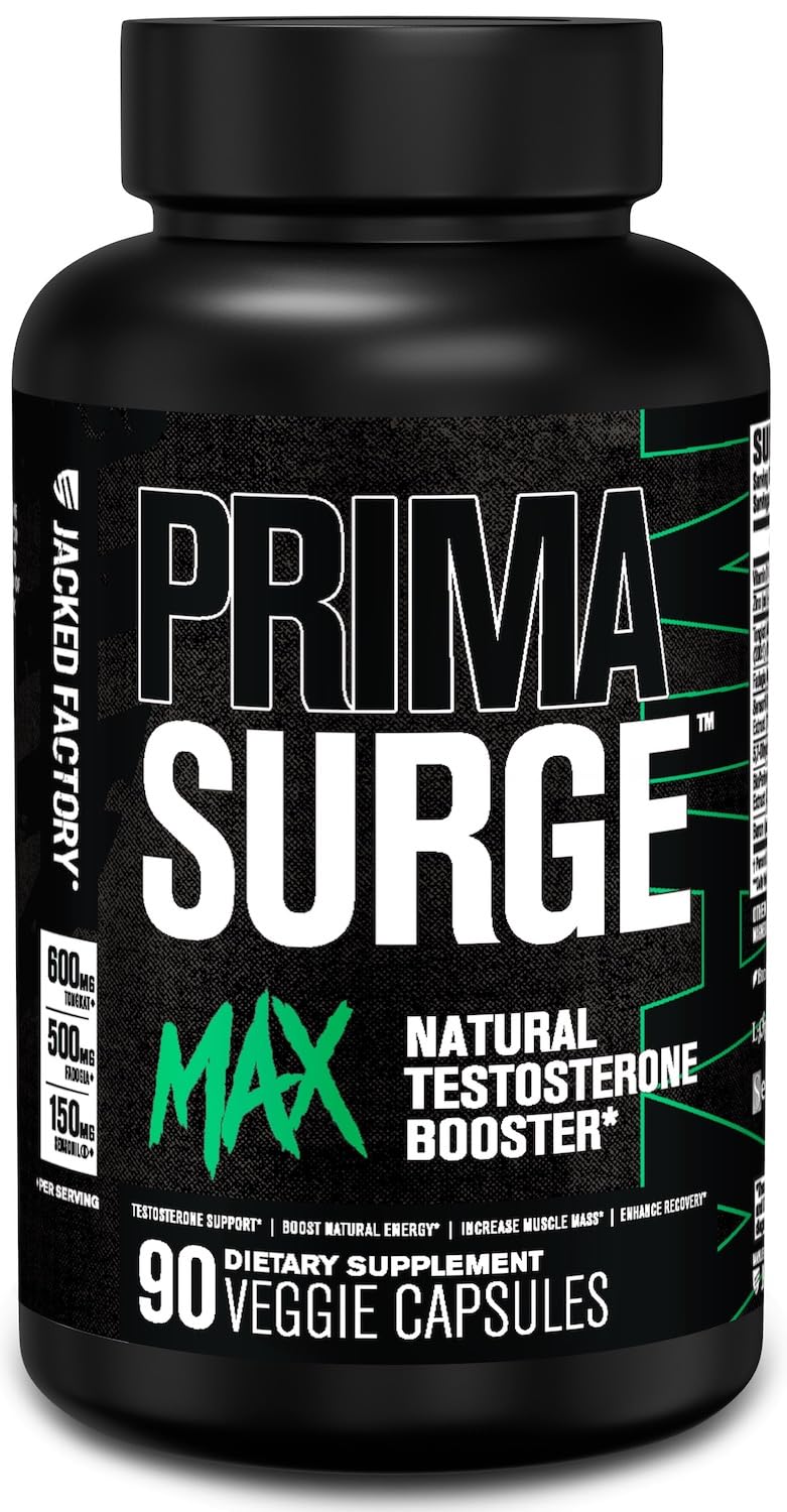 Jacked Factory Primasurge Max bottle label highlighting natural ingredients for energy support.