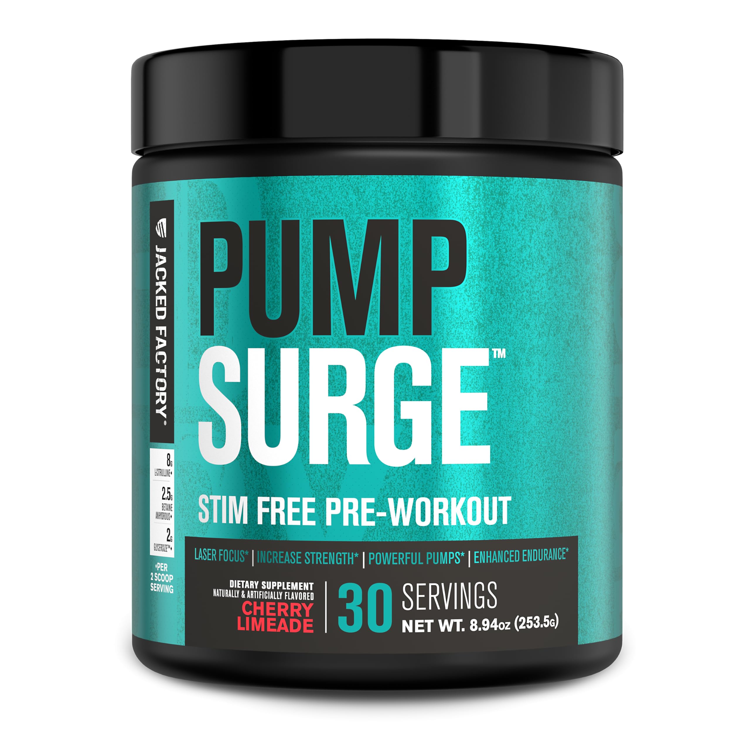 Jacked Factory Pumpsurge bottle front view showing stimulant-free pre-workout for clean pumps
