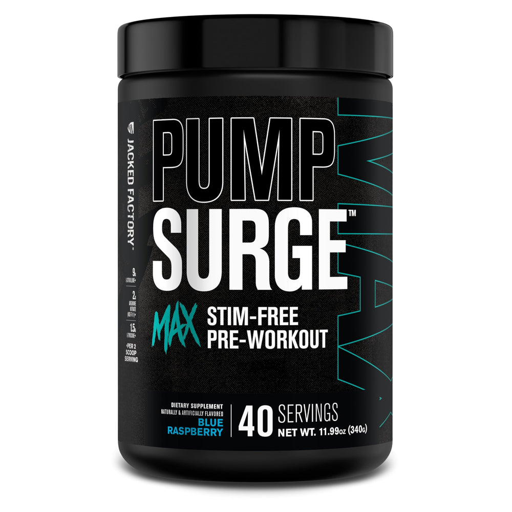 Jacked Factory Pumpsurge Max bottle front view highlighting the pump enhancing formula