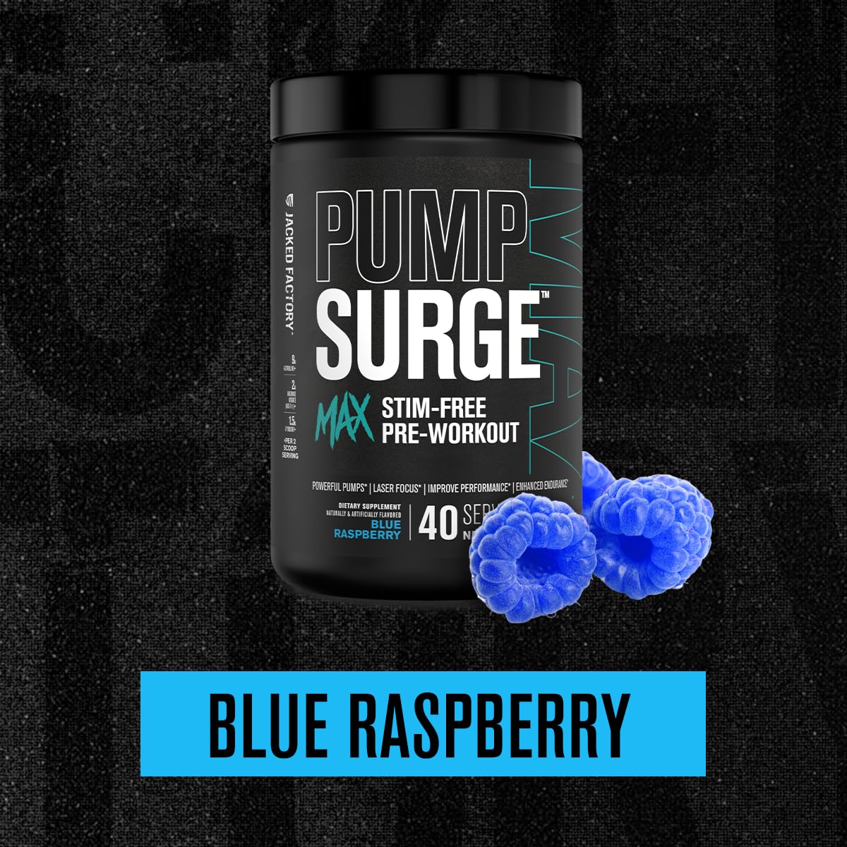 Jacked Factory Pumpsurge Max bottle side shot showing non-stim recipe for focused workouts