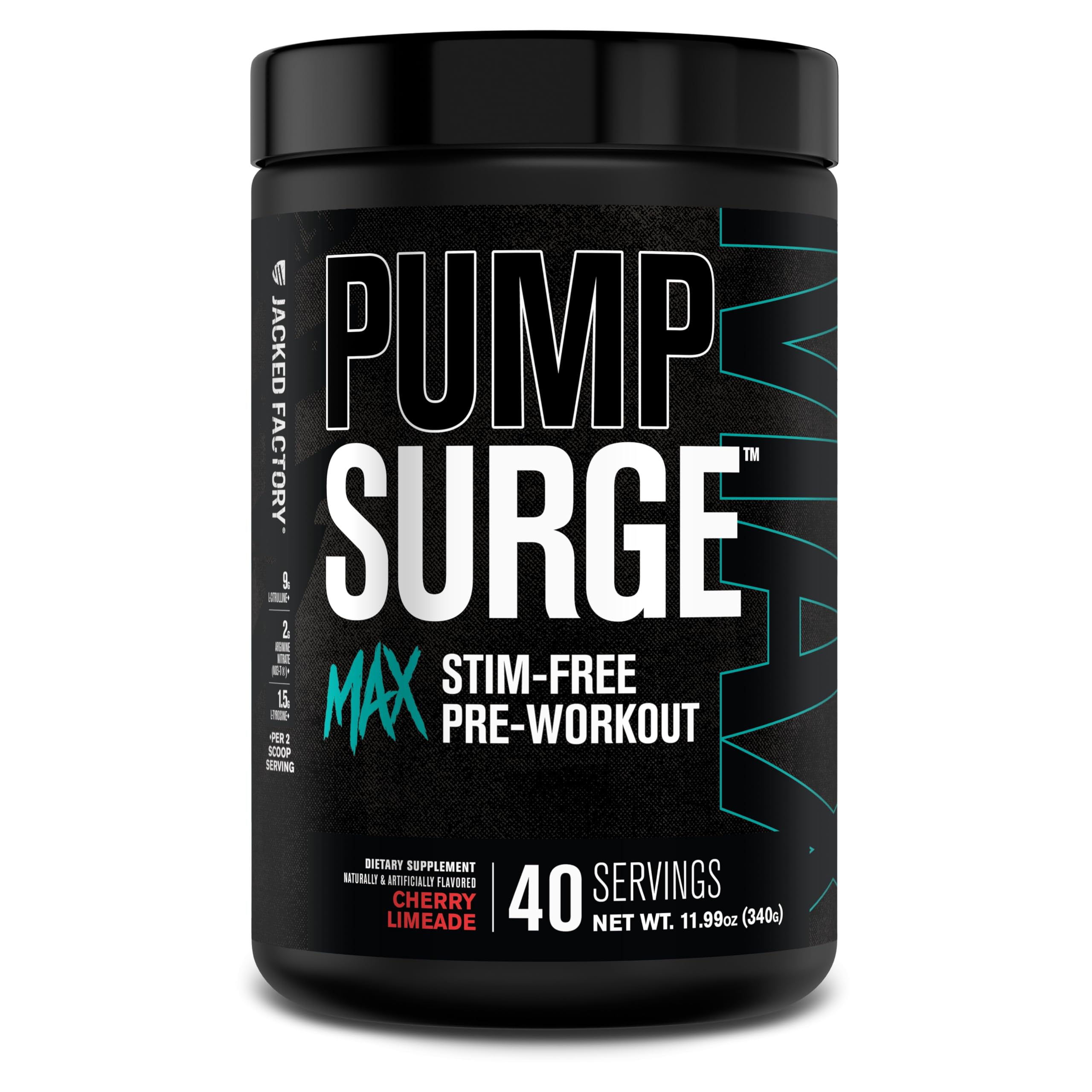 Jacked Factory Pumpsurge Max front bottle showing stimulant-free formula for pumps