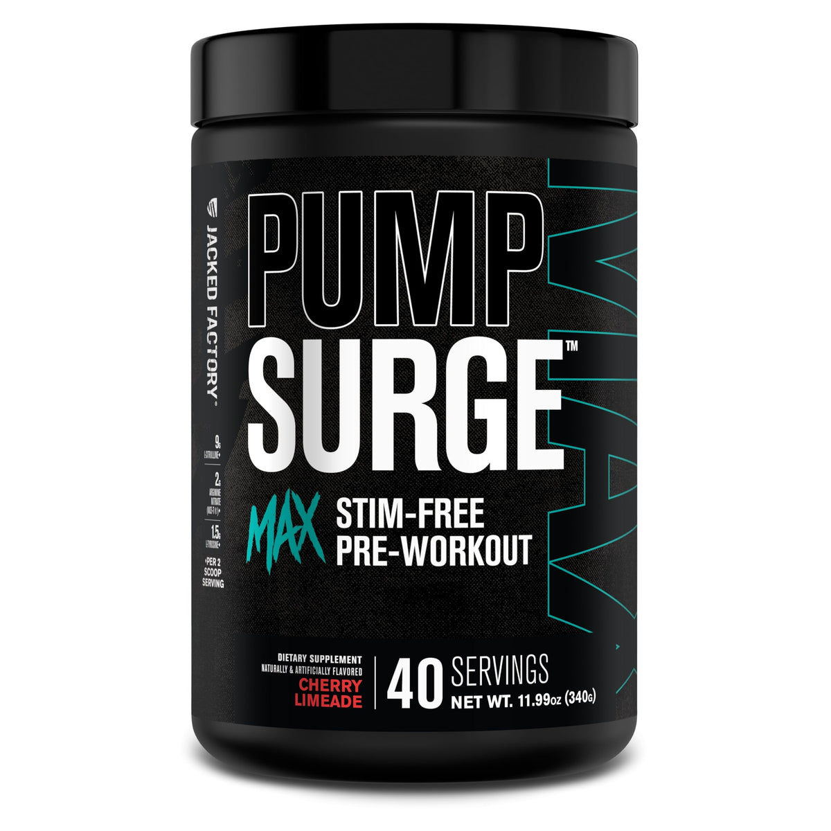 Jacked Factory Pumpsurge Max front bottle showing stimulant-free formula for pumps