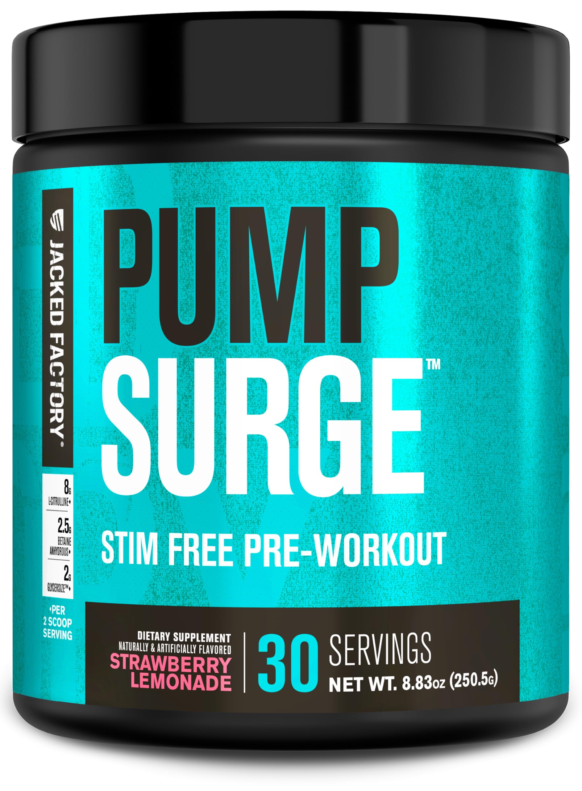 Jacked Factory Pumpsurge strawberry lemonade bottle showcases caffeine-free pre-workout for smooth, focused training