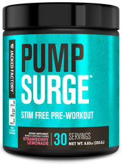 Jacked Factory Pumpsurge strawberry lemonade bottle showcases caffeine-free pre-workout for smooth, focused training
