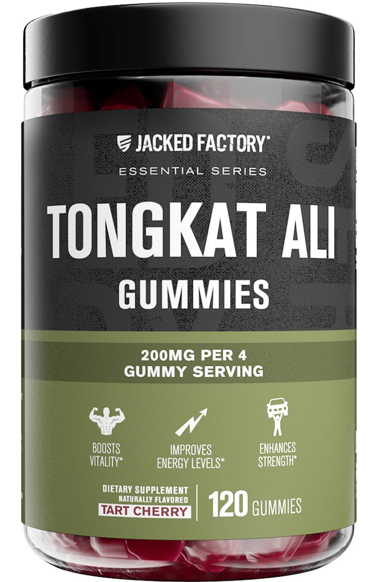 Jacked Factory Tongkat Ali Gummies bottle front promoting vitality and daytime energy.