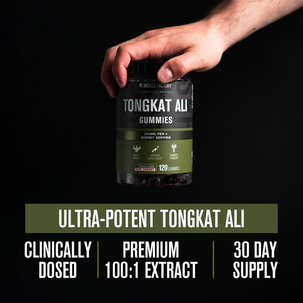 Jacked Factory Tongkat Ali Gummies label close-up highlighting 100:1 extract details.
