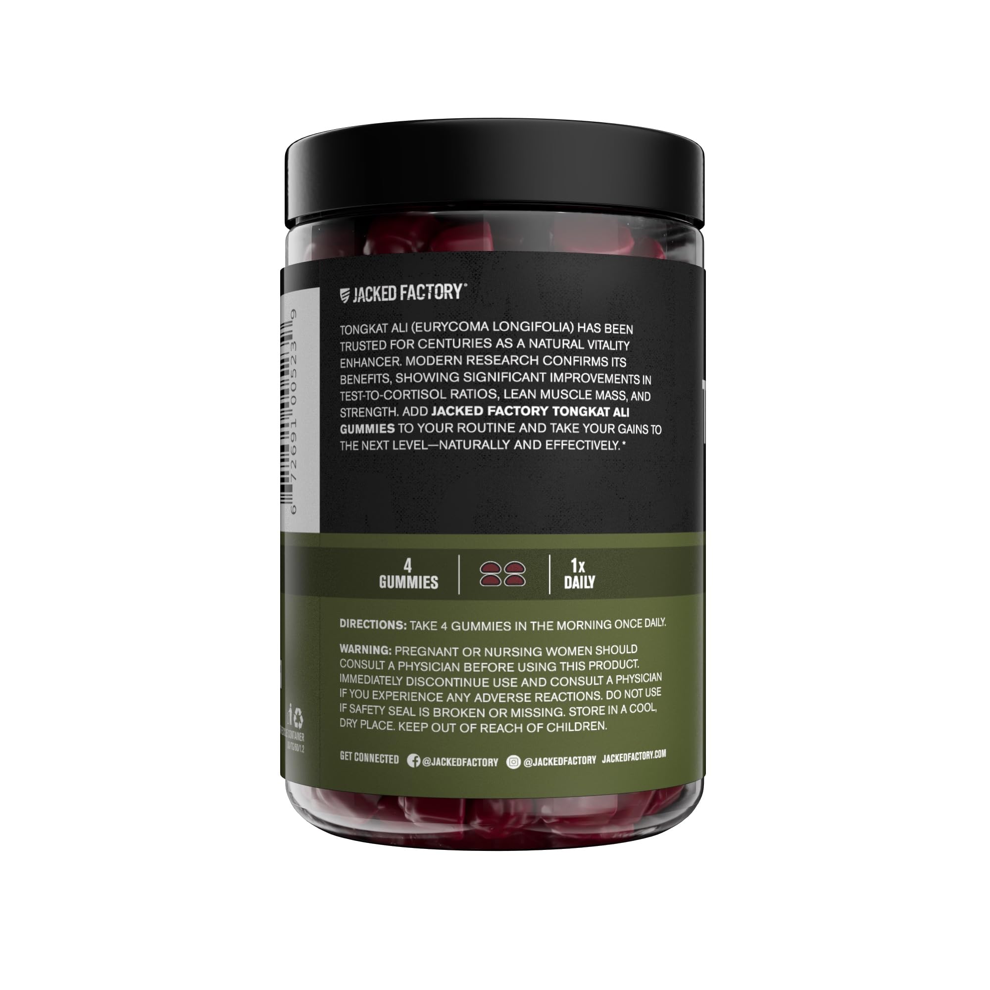 Jacked Factory Tongkat Ali Gummies with tart cherry flavor visuals.