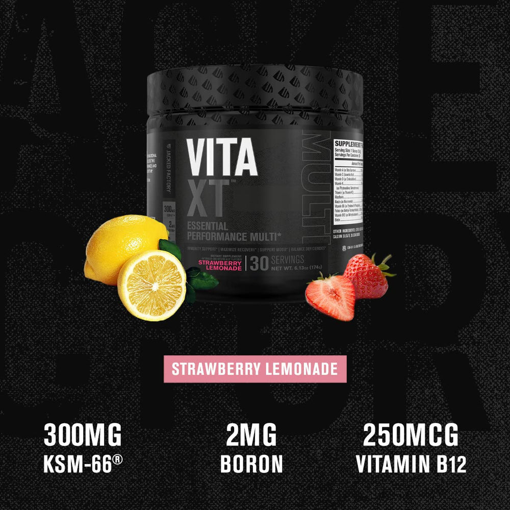 Jacked Factory Vita XT Strawberry Lemonade flavor with scoop visible for daily use