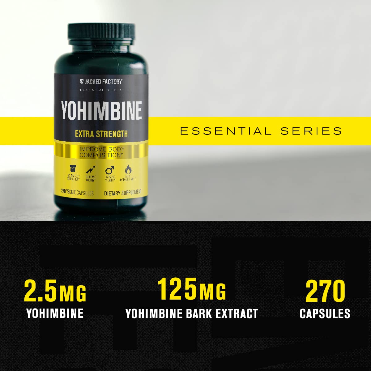 Jacked Factory Yohimbine capsules close-up highlighting veggie pills.