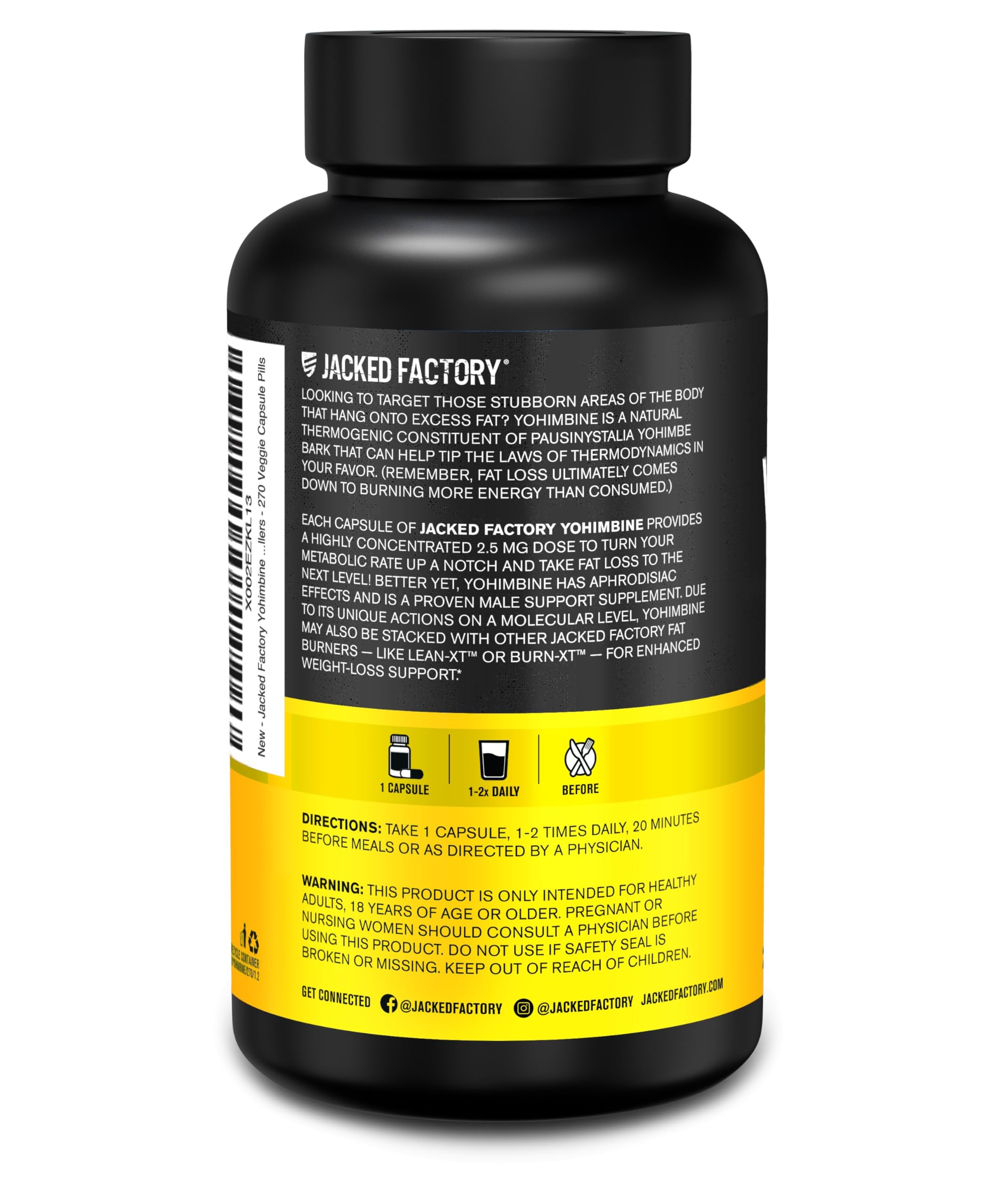 Jacked Factory Yohimbine capsules side view ready for daily use.