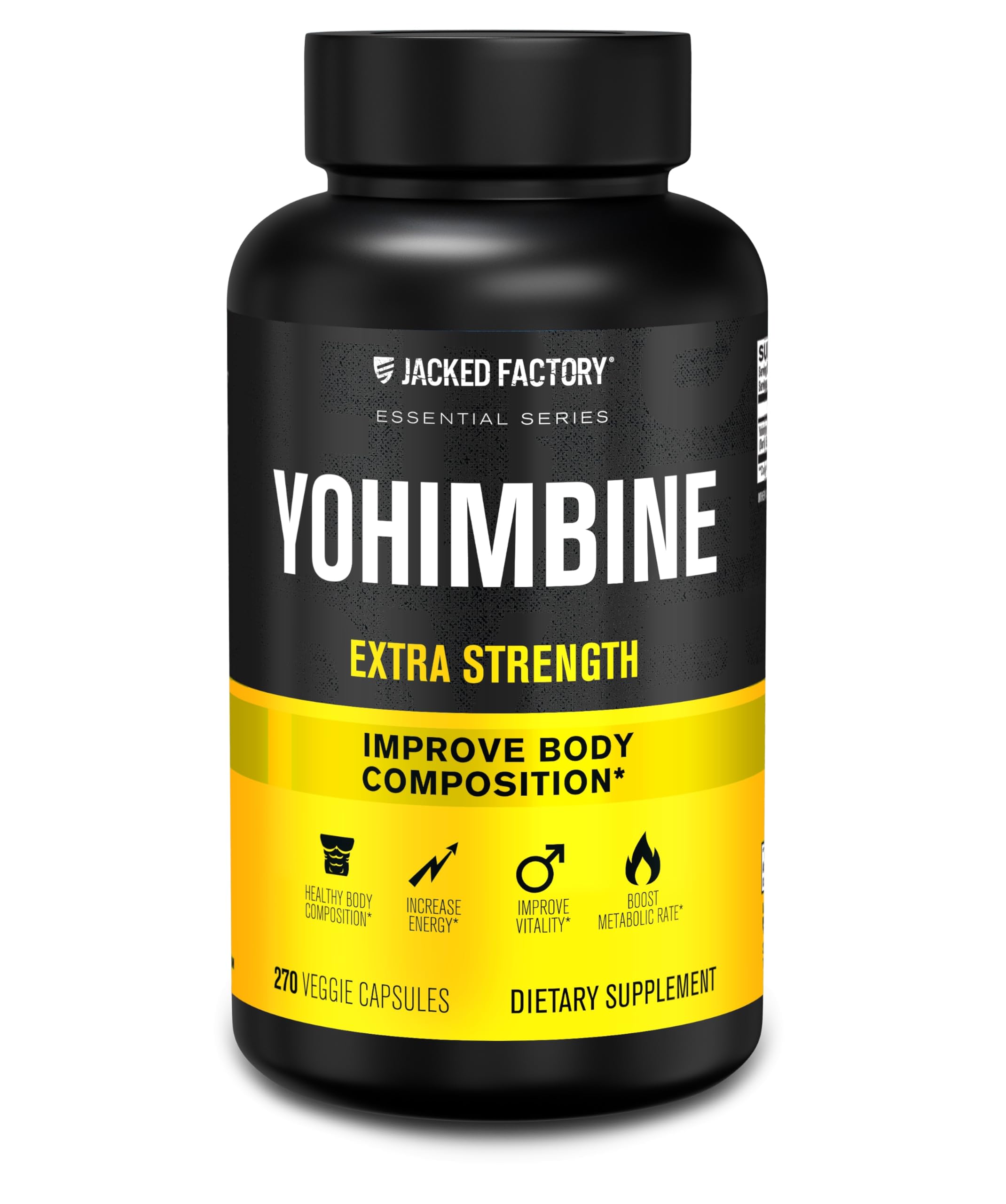 Jacked Factory Yohimbine Extra Strength bottle front showing potency and size.