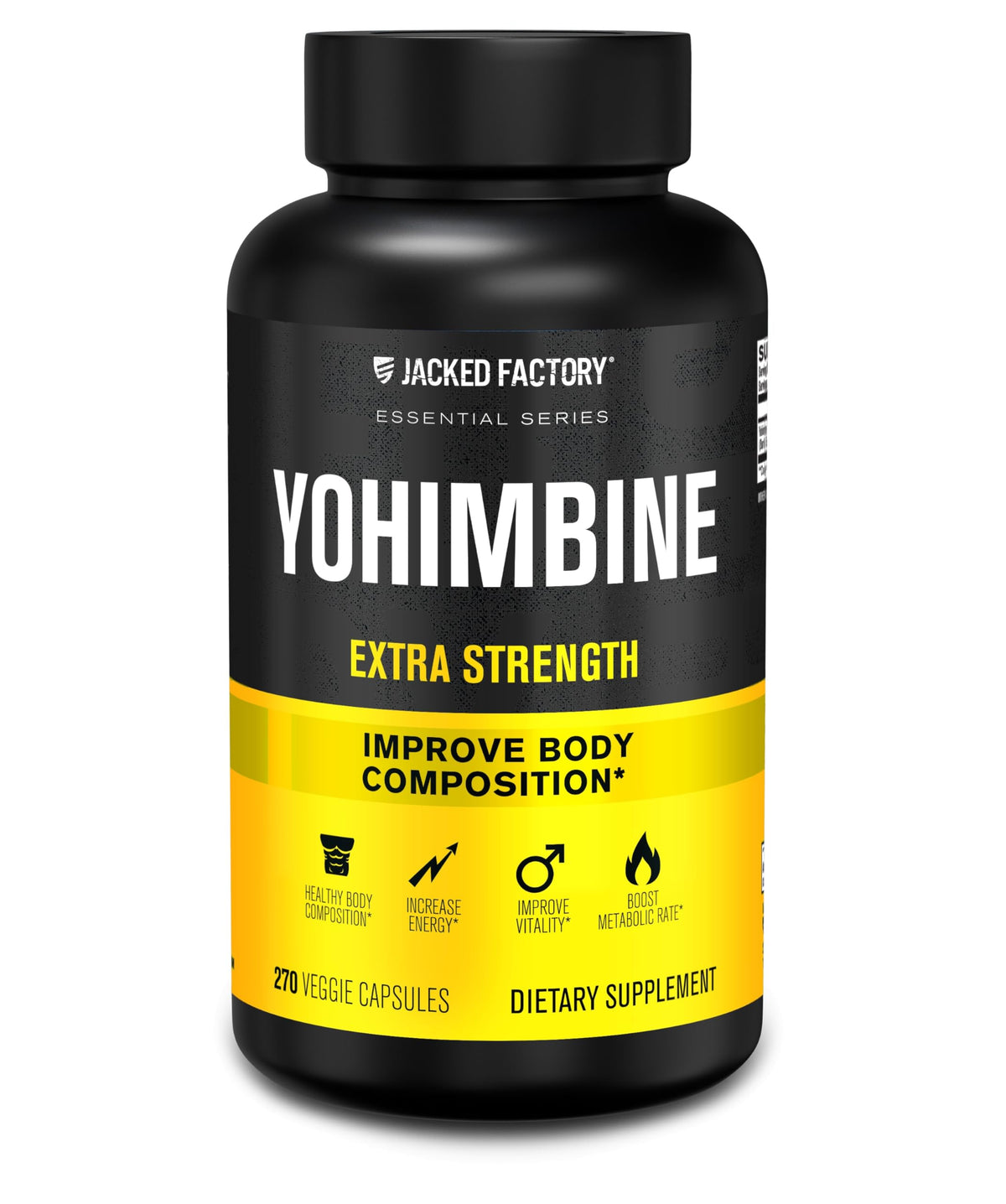 Jacked Factory Yohimbine Extra Strength bottle front showing potency and size.