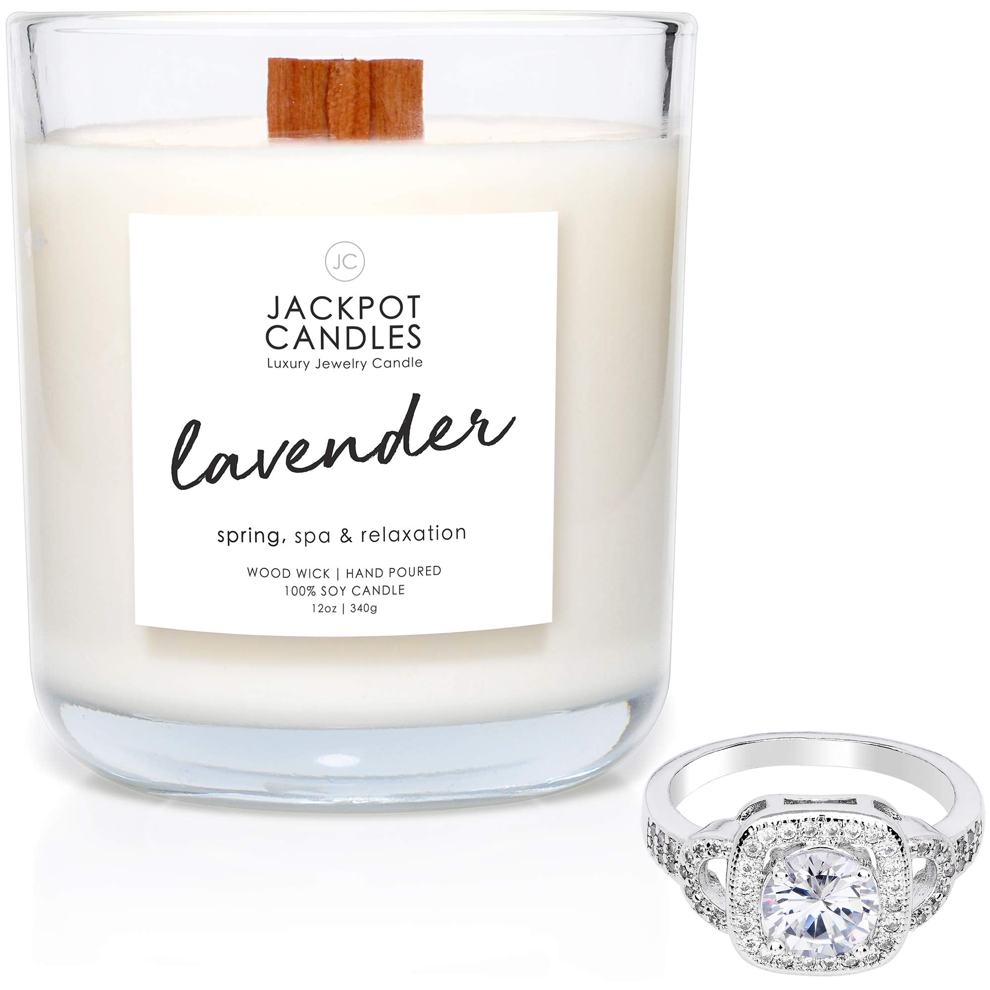 Jackpot Candles lavender candle with ring inside reveals a surprise jewelry gift