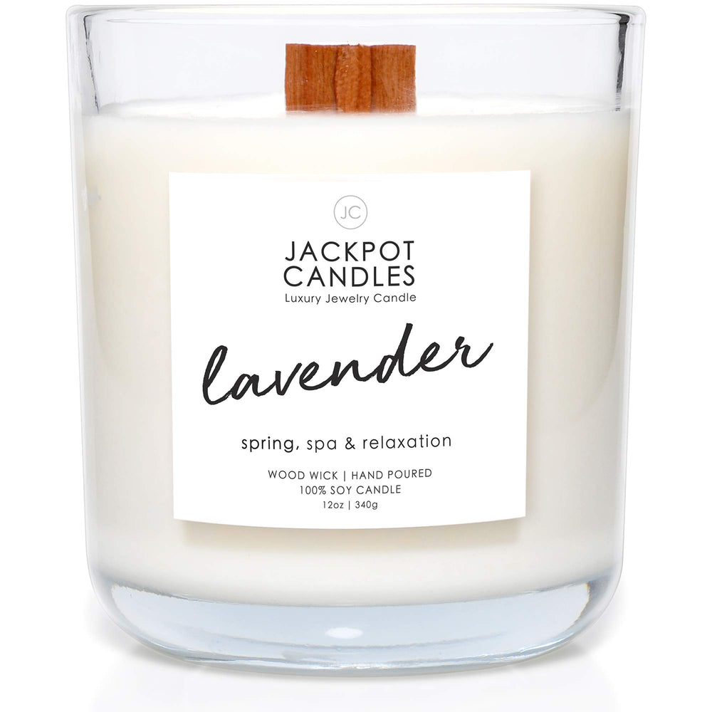 Jackpot Candles lavender candle with wooden wick provides a clean burn and cozy ambiance