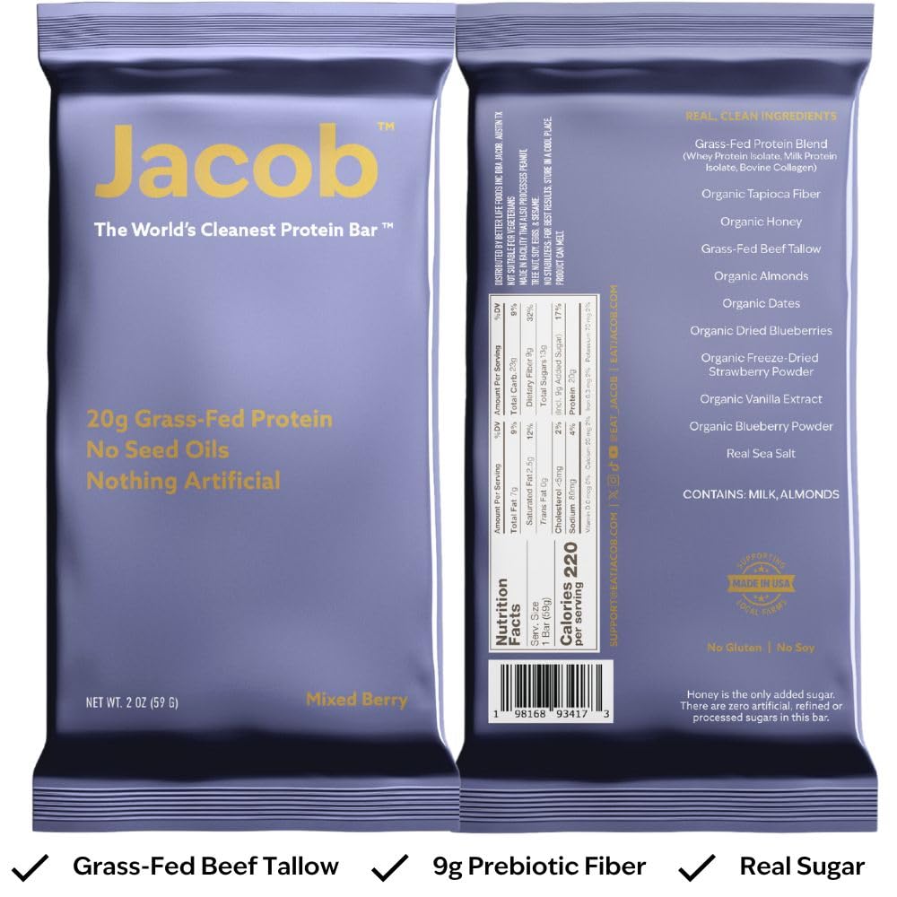 Jacob Protein Bar ingredients closeup highlighting grass-fed protein and no seed oils