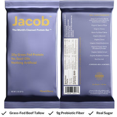 Jacob Protein Bar ingredients closeup highlighting grass-fed protein and no seed oils