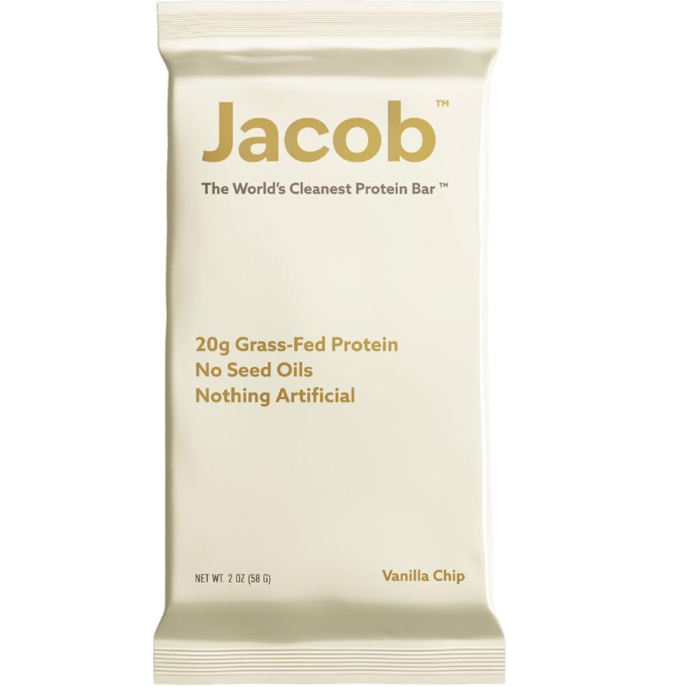 Jacob Vanilla Protein Bar pack front shows a clean, natural snack option.