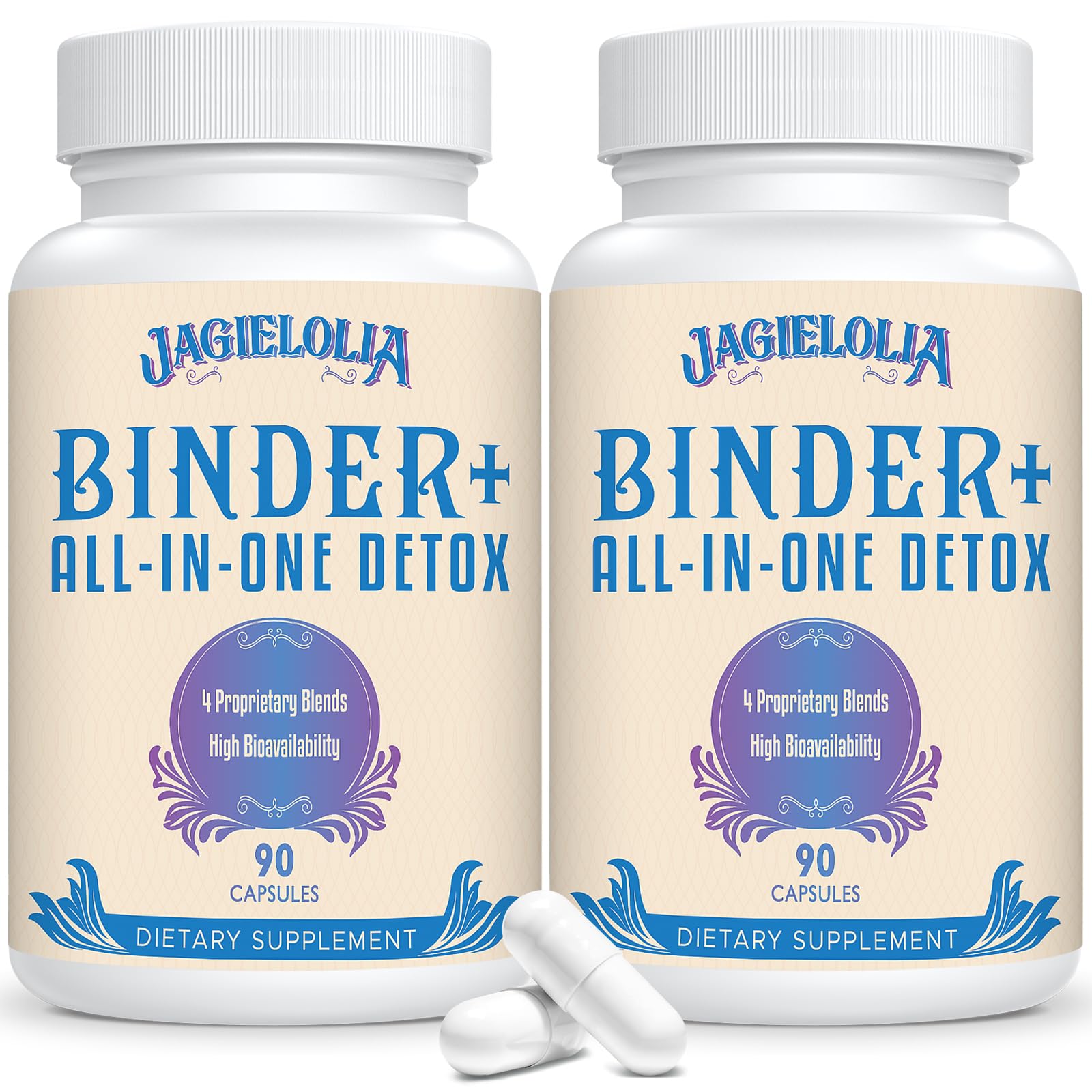 Jagielolia All-In-One Detox Binder bottle shows a 1500 mg blend for daily wellness