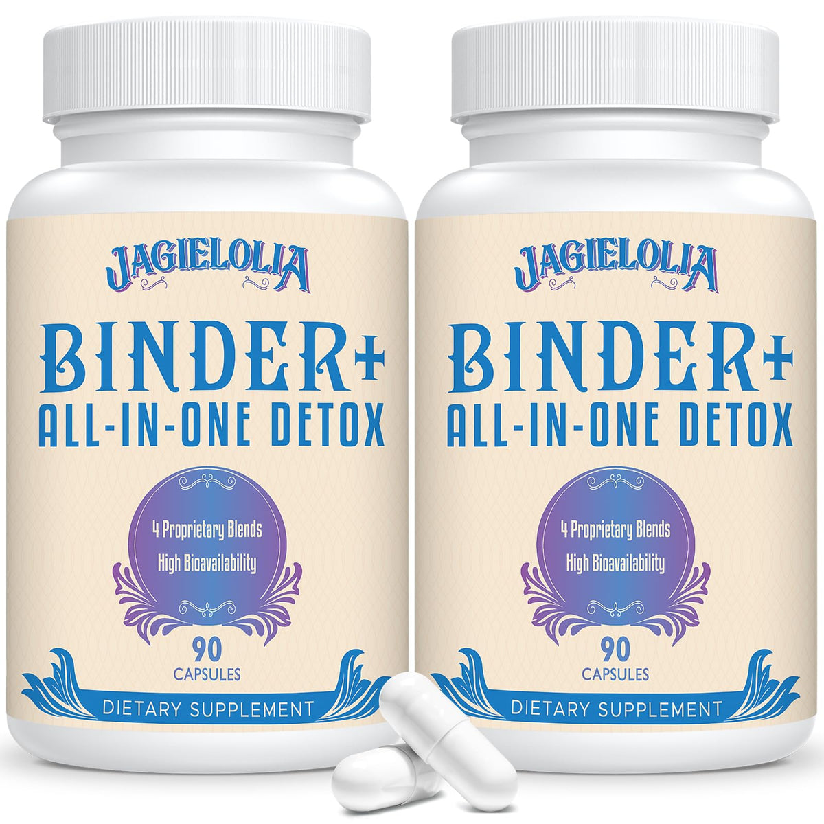 Jagielolia All-In-One Detox Binder bottle shows a 1500 mg blend for daily wellness