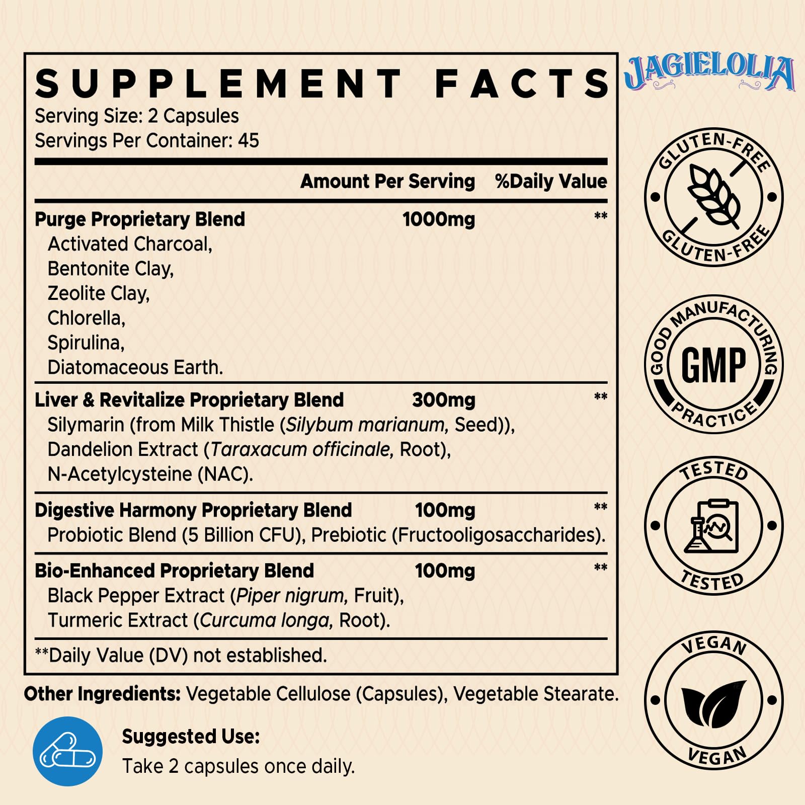 Jagielolia Detox capsules on a spoon highlight easy daily use and potential nutrient absorption with piperine and turmeric.