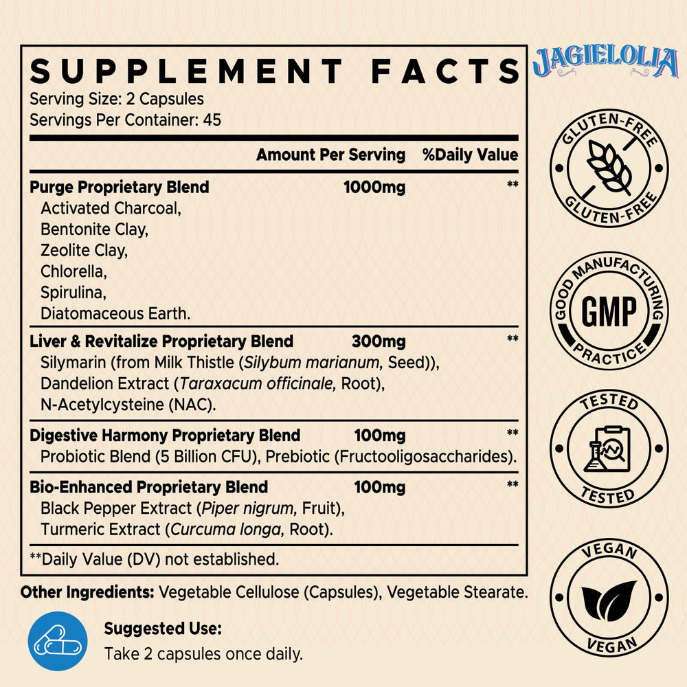 Jagielolia Detox capsules on a spoon highlight easy daily use and potential nutrient absorption with piperine and turmeric.