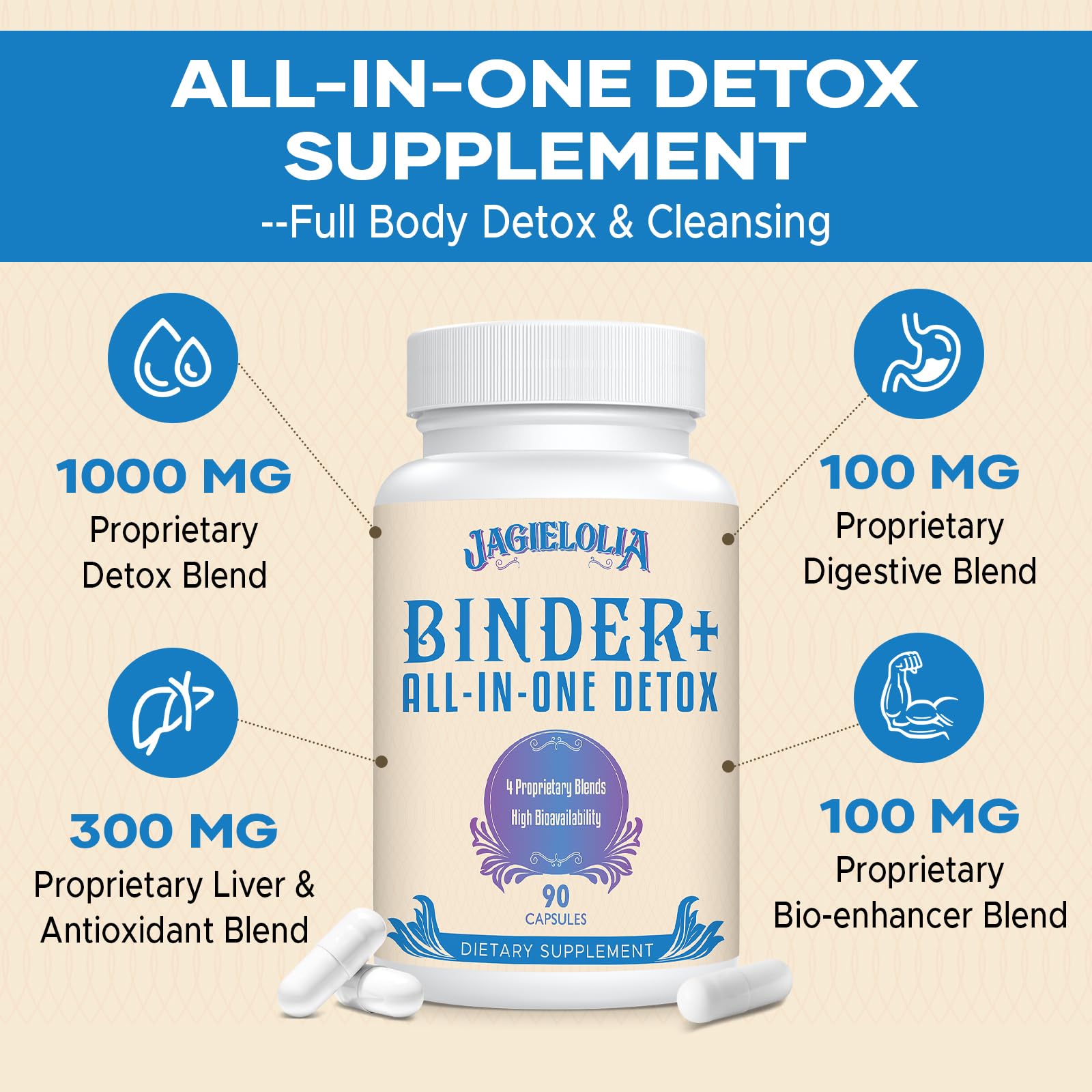 Jagielolia Detox packaging with vegan label and third-party testing signals quality and purity.
