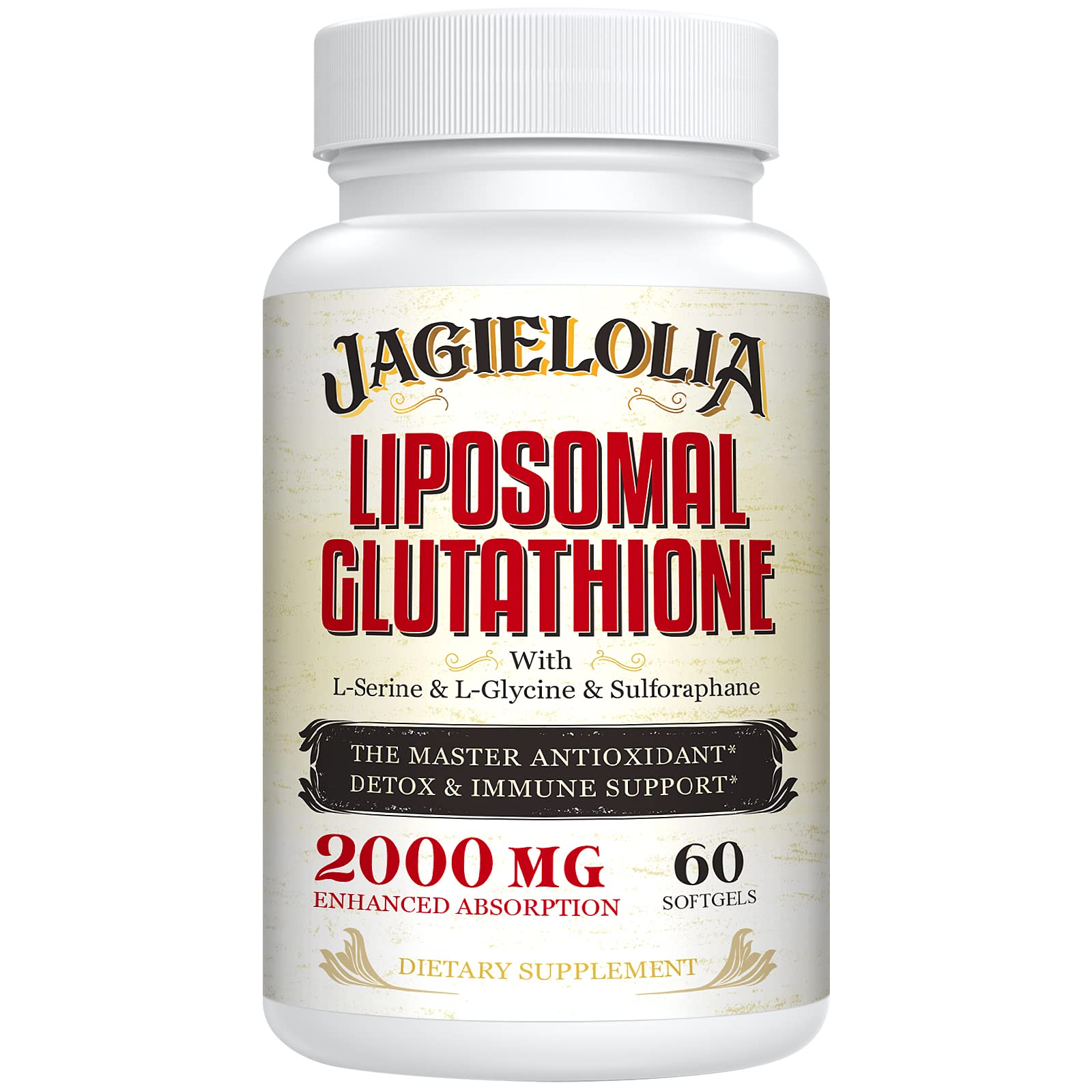Jagielolia Liposomal Glutathione 2000mg bottle shows enhanced absorption for daily antioxidant support