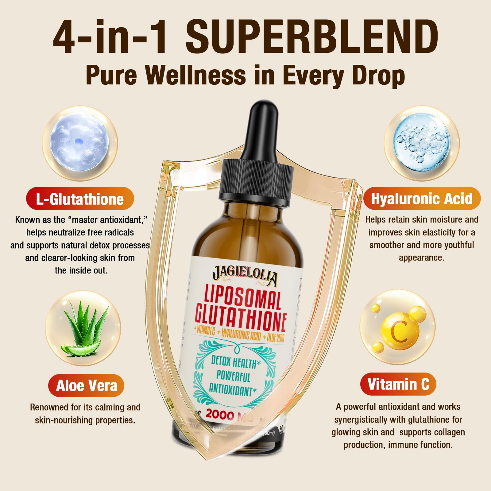 Jagielolia Liposomal Glutathione dropper dispensing 2ml for easy use.