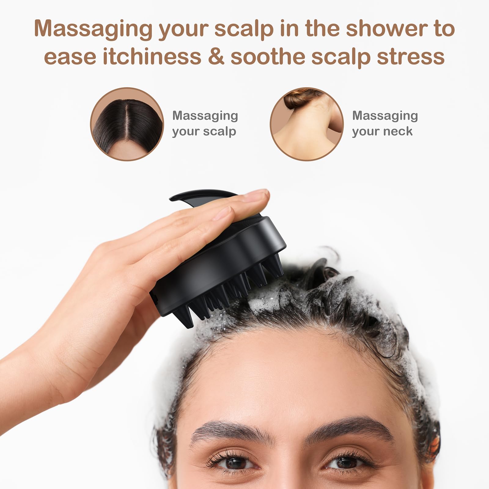 Soft silicone bristles provide gentle exfoliation and scalp stimulation