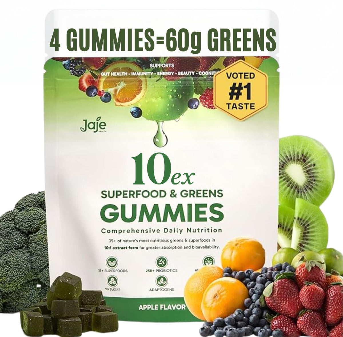 Jaje Health 10ex Supergreens bottle displays vibrant gummies for daily snacking.
