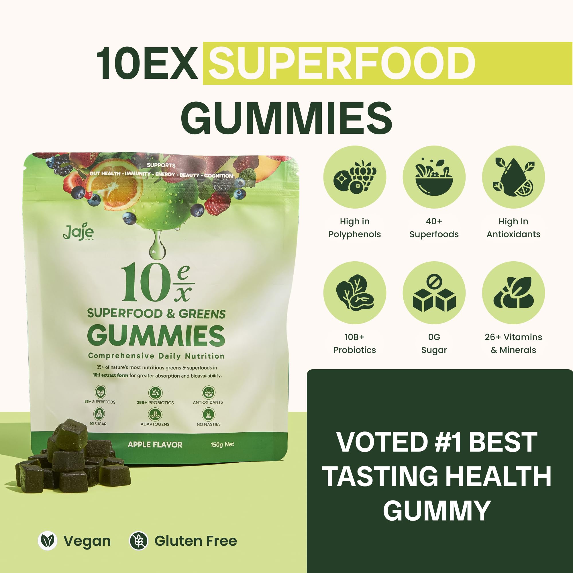 Probiotics 10B CFU badge with Jaje Health gummies.