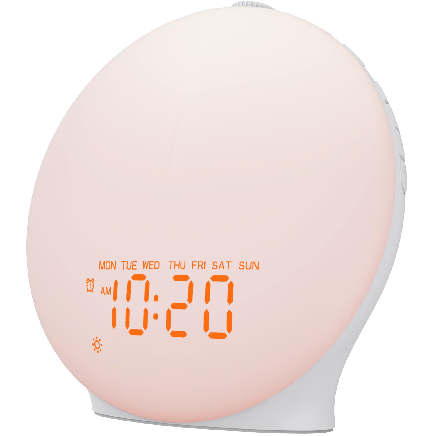 JALL Sunrise Alarm Clock front view with sunrise light and clear display.