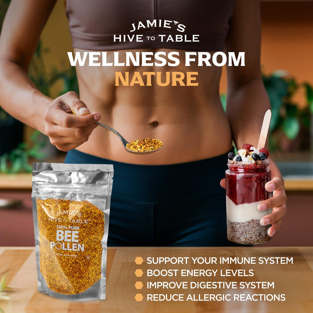 Jamie’s Hive to Table bee pollen topping granules provide a crunchy texture and color.