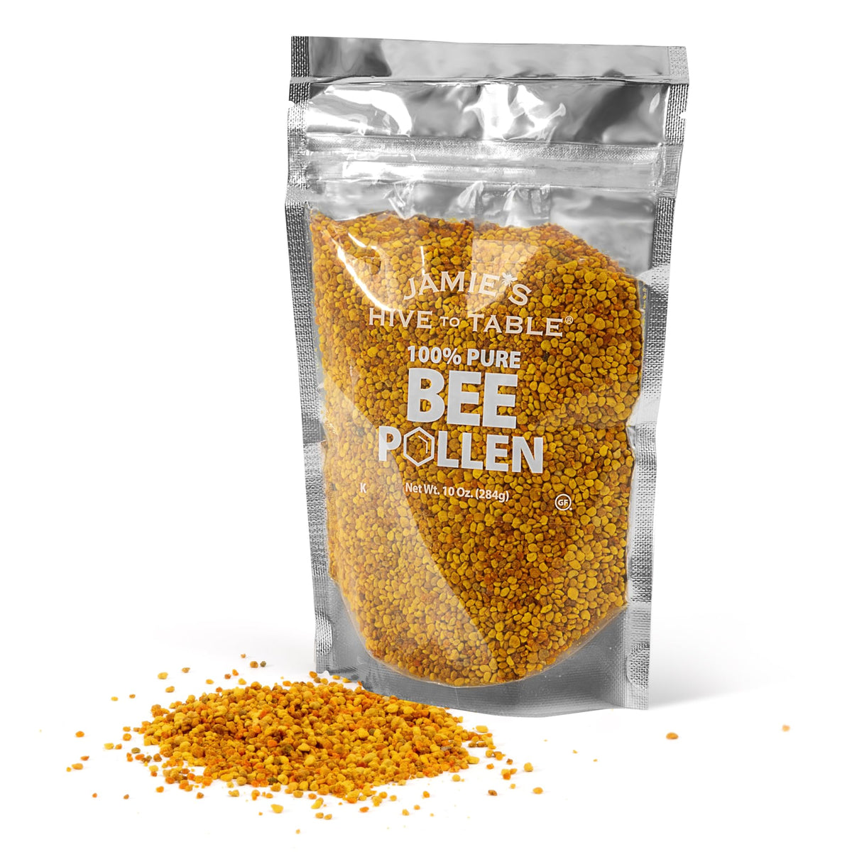 Jamie’s Hive to Table raw bee pollen granules ideal for sprinkling on yogurt to boost flavor.