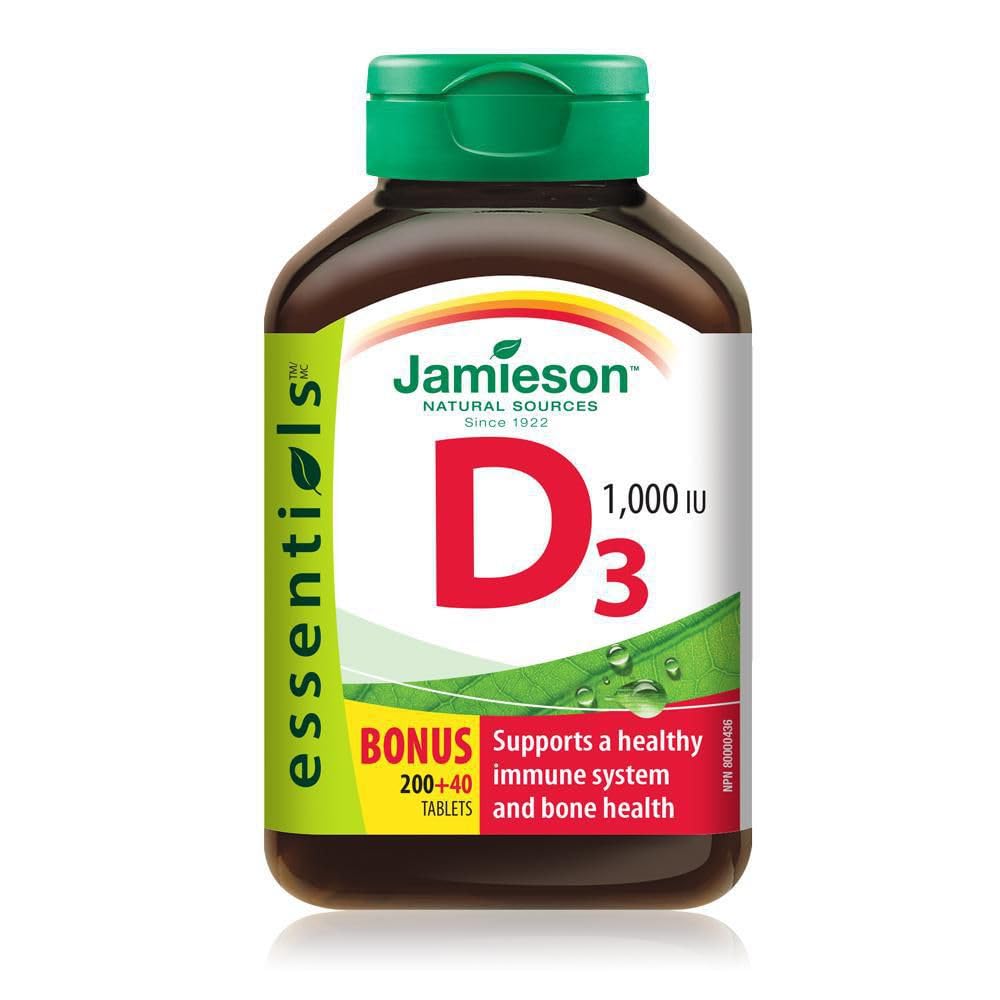 Jamieson D3 1000 IU bottle with clear label promoting bone health