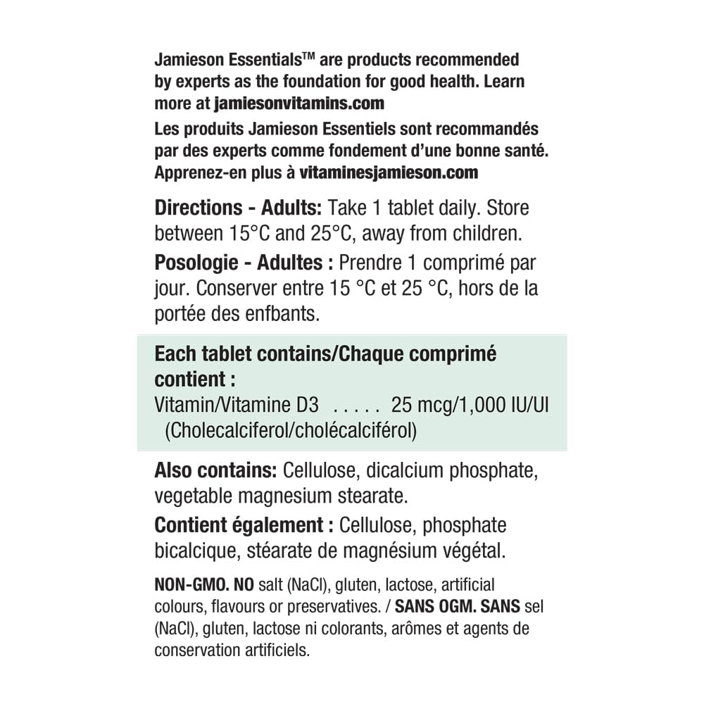 Jamieson D3 dosage information nearby indicates 1000 IU per tablet