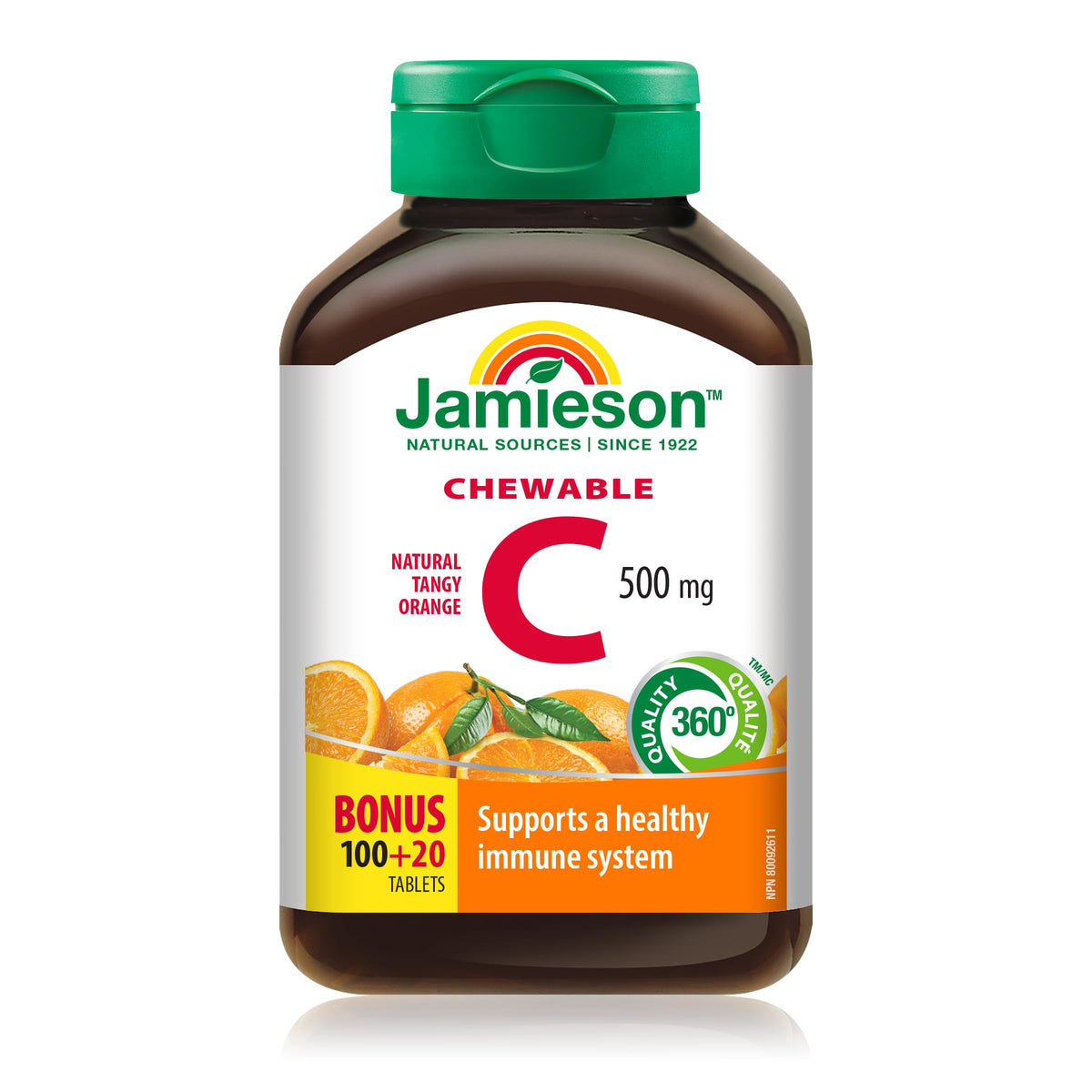 Jamieson Vitamin C Orange 500mg bottle with chewable tablets for convenient immune support