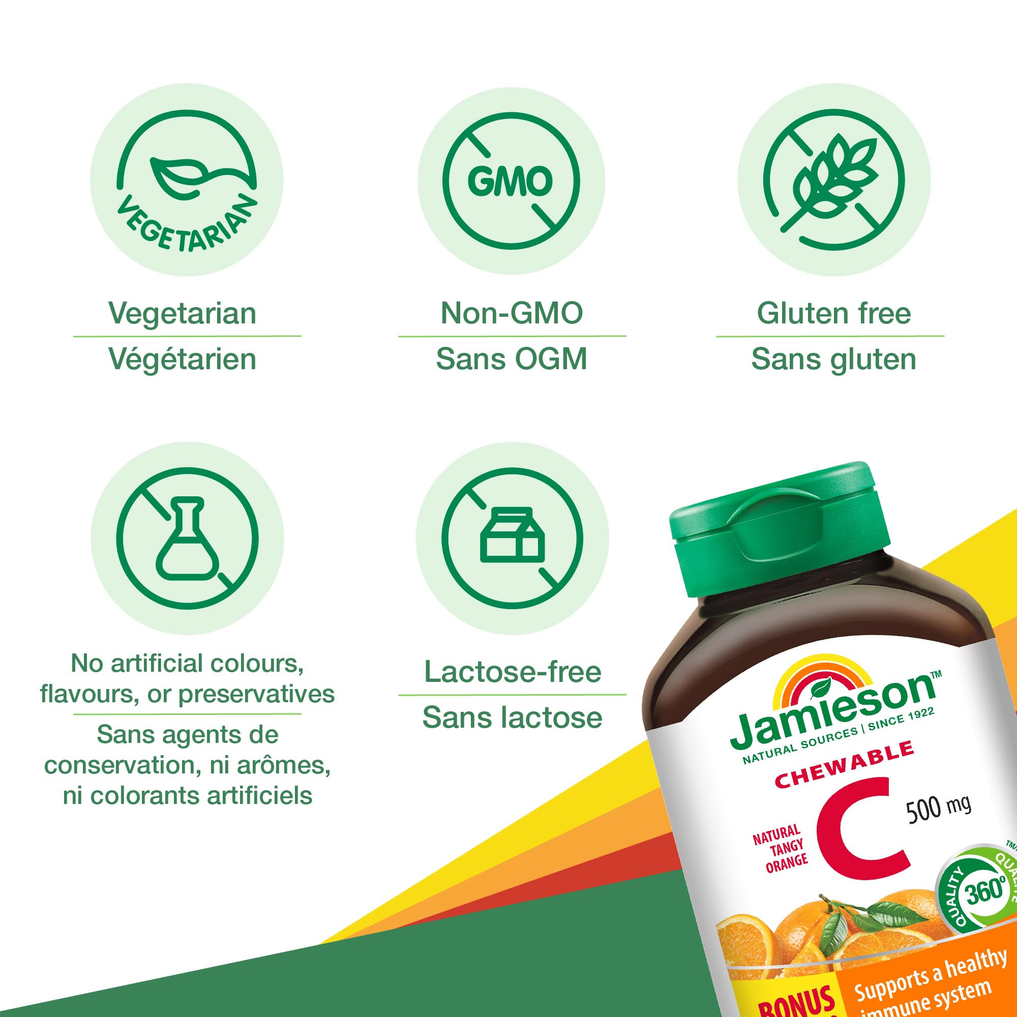 Jamieson Vitamin C Orange 500mg tablets shown with a child-friendly serving routine