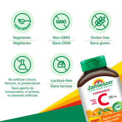 Jamieson Vitamin C Orange 500mg tablets shown with a child-friendly serving routine