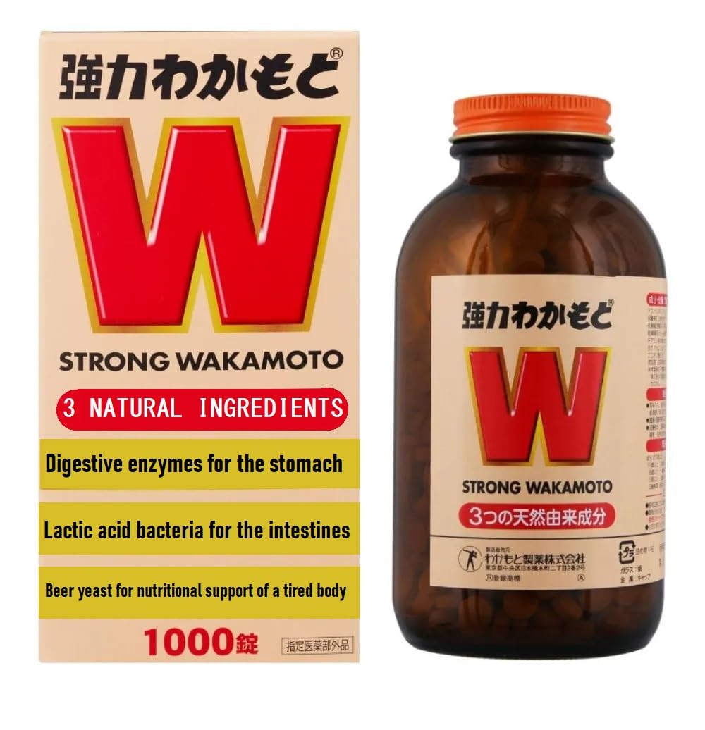 Japanese Strong WAKAM0T0 bottle with capsules supports digestion after meals.