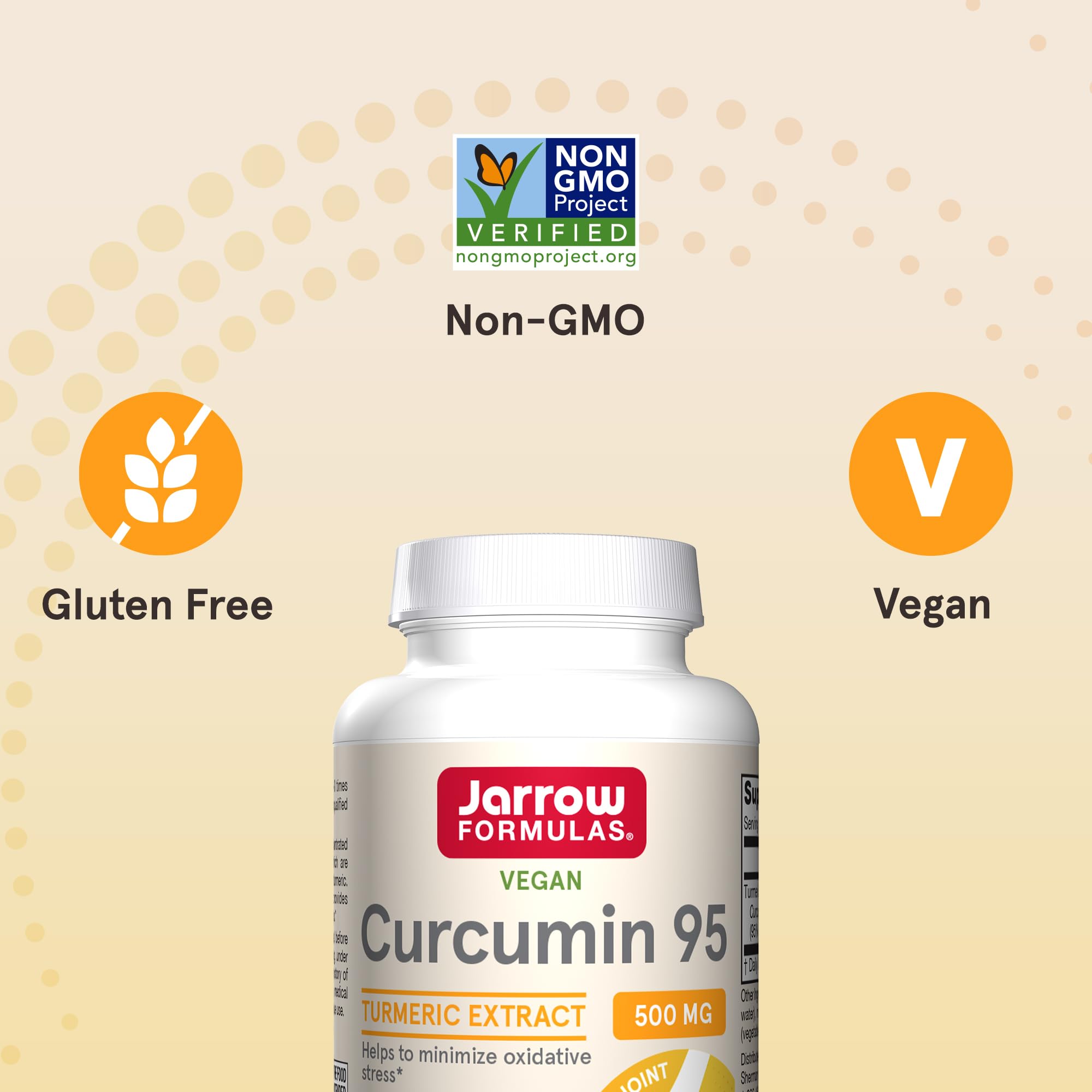 Jarrow Formulas Curcumin 95 bottle with meal scene suggesting taking one capsule during meals